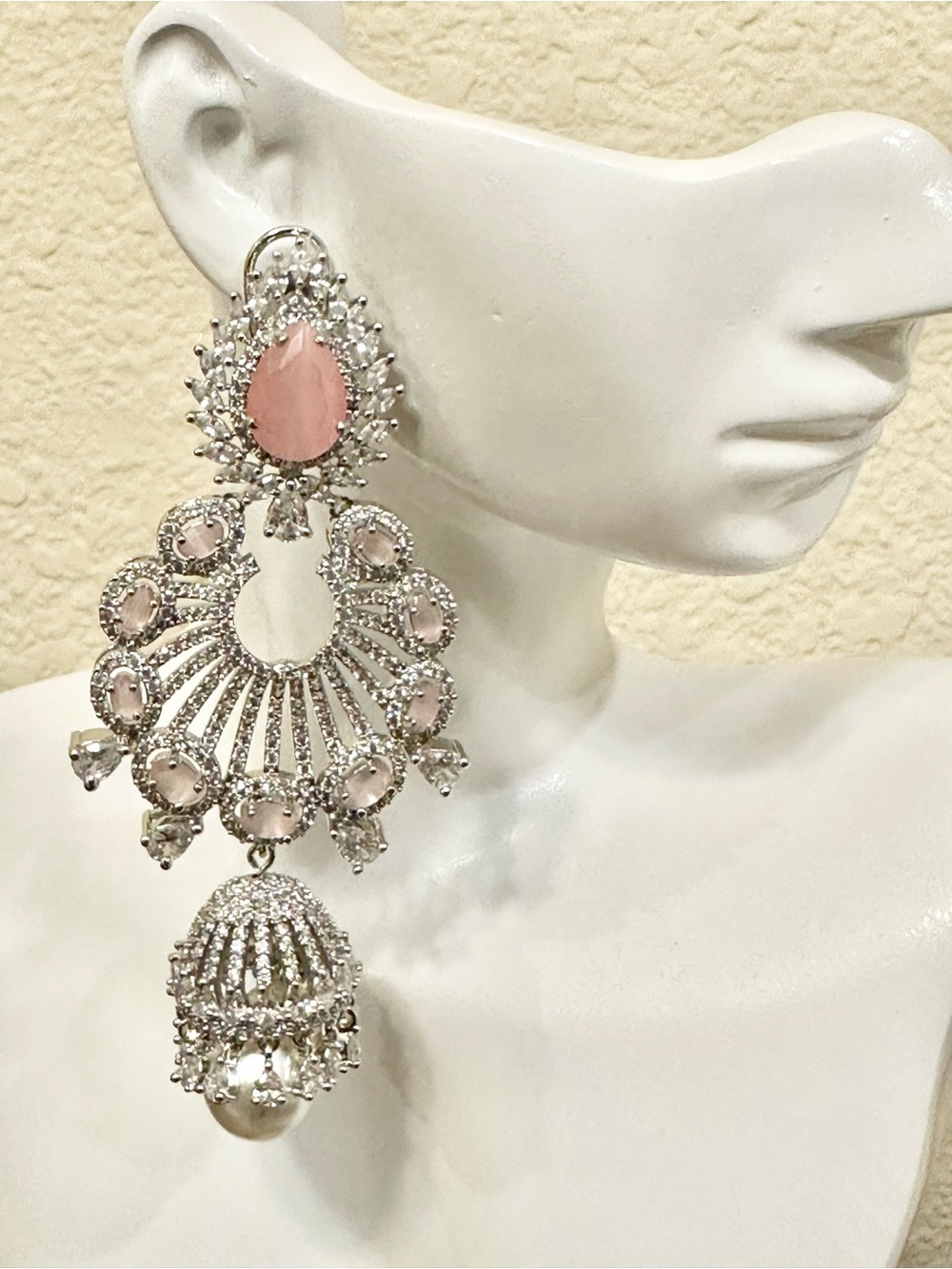 4” Rhodium Plated CZ & Pink Crystal Jhumka Style Earrings - High End